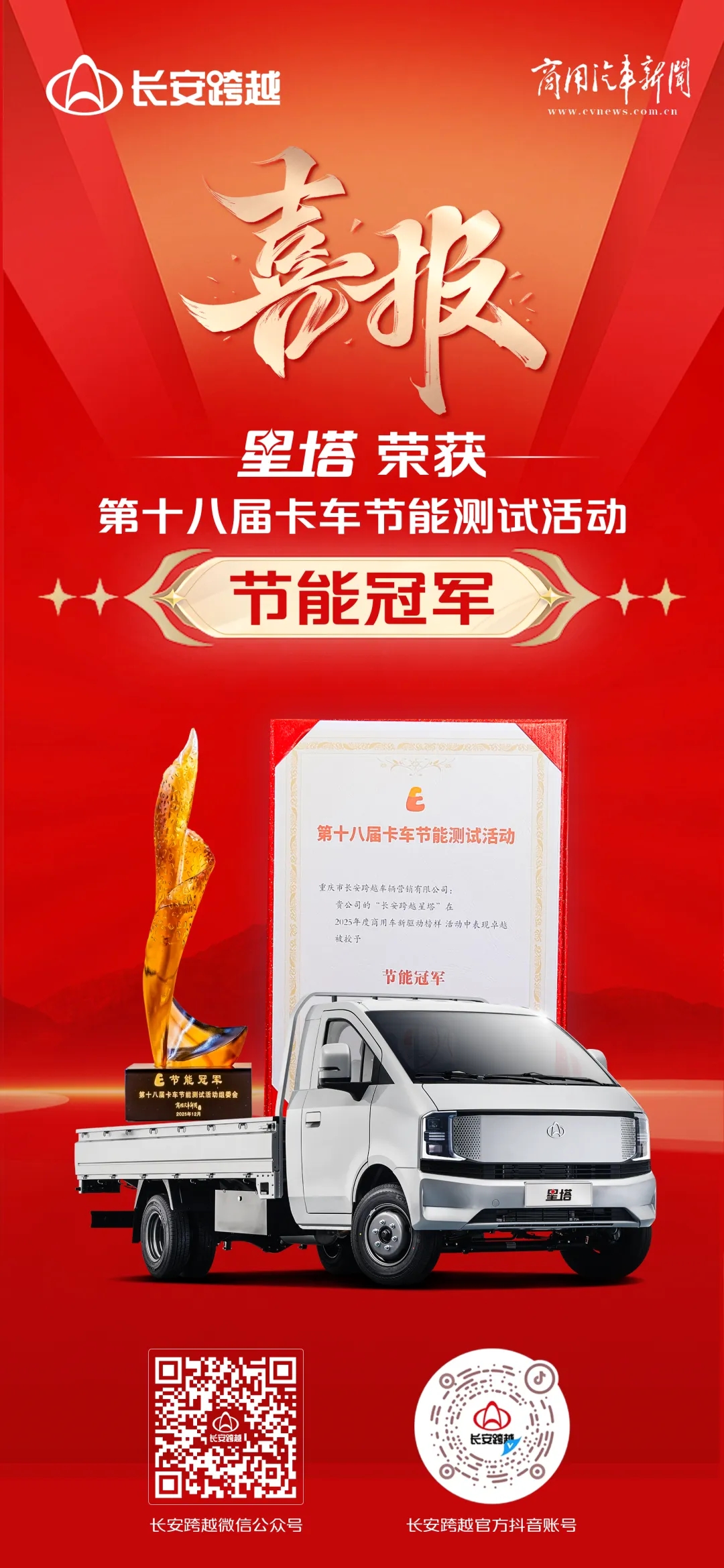 高效典范，节能登顶！长安跨越星塔勇夺第十八届卡车节能测试“节能冠军”